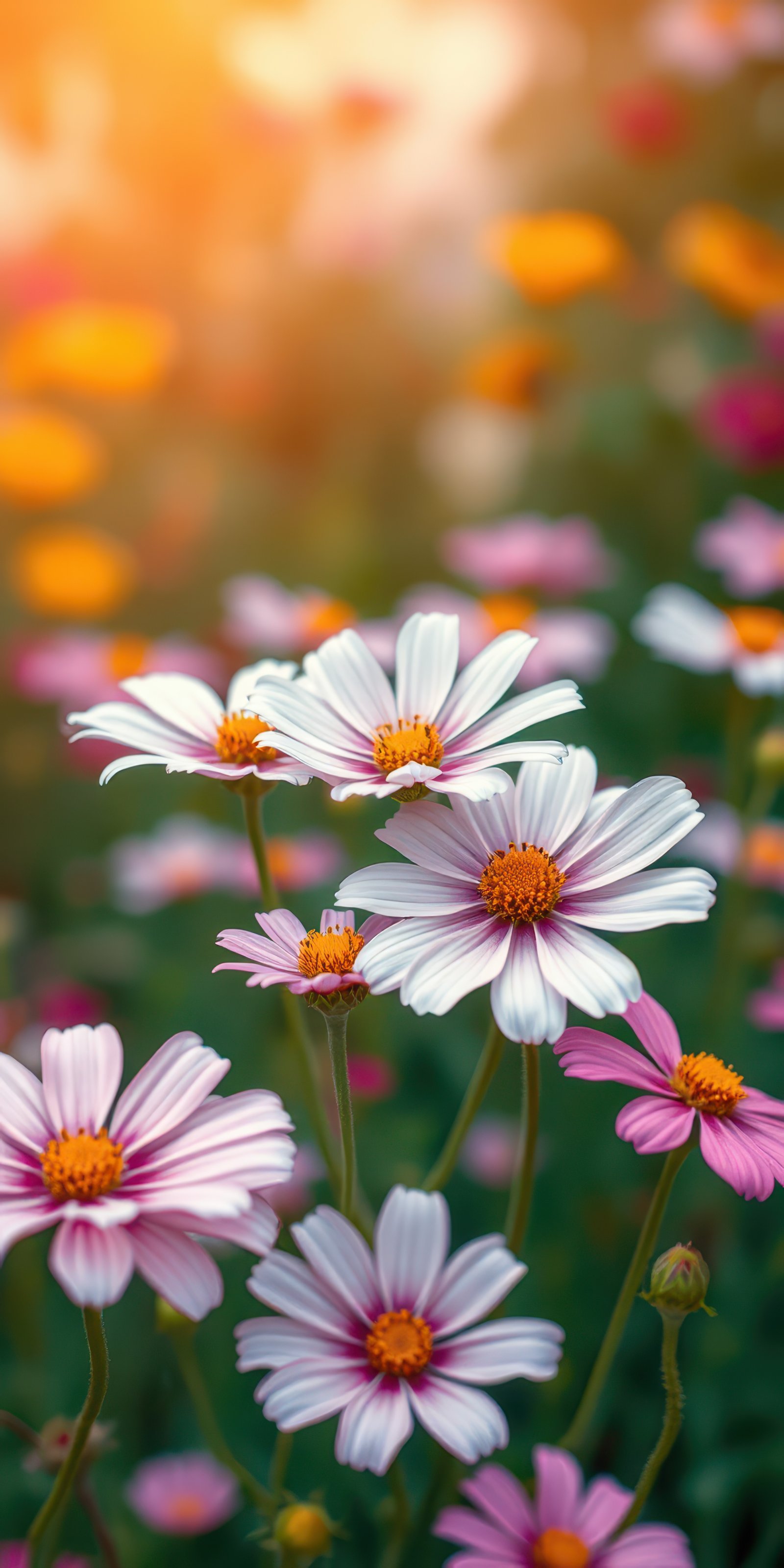 Colorful flowers bloom in a vibrant garden during golden hour with sunlight enhancing their beauty
